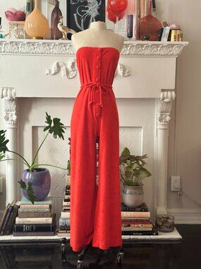 Vintage 1970s SEXY Orange Terry Cloth Strapless Romper | Button-Up Jumpsuit
